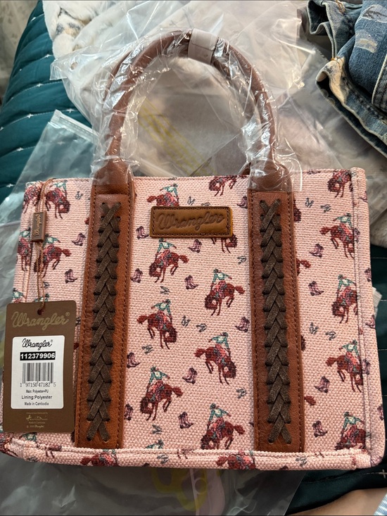 Wrangler Handbags - Wrangler Pink Tote with Brown Trim and Western Rider Print